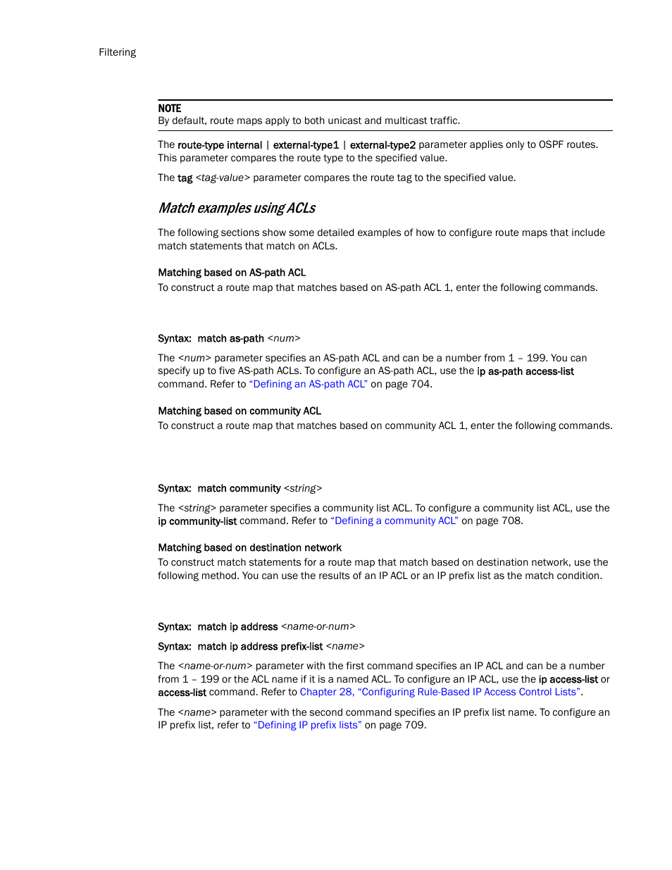 Matching based on as-path acl, Matching based on community acl, Match examples using acls | Brocade TurboIron 24X Series Configuration Guide User Manual | Page 748 / 1116