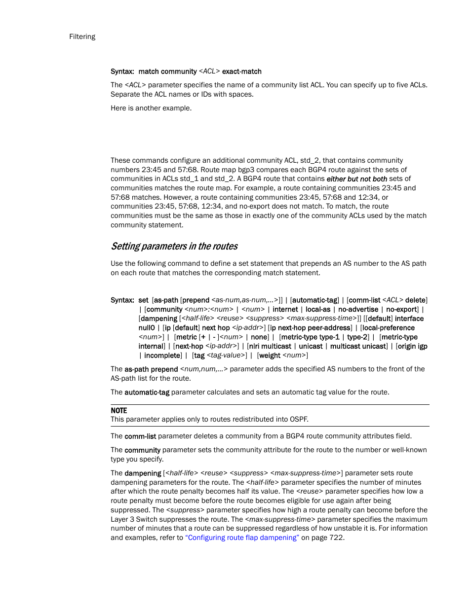 Setting parameters in the routes | Brocade TurboIron 24X Series Configuration Guide User Manual | Page 750 / 1116