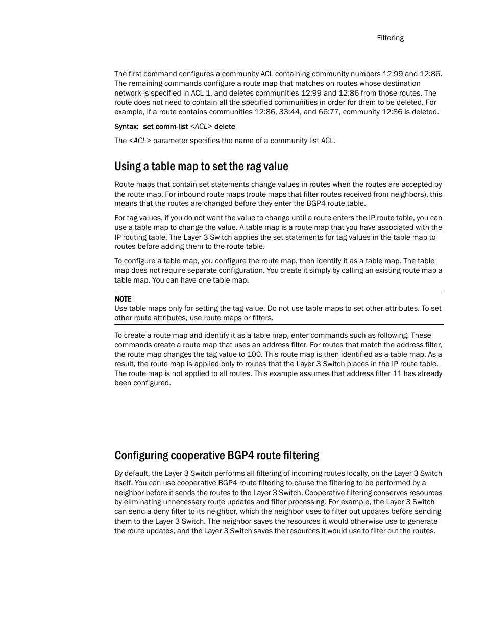 Using a table map to set the rag value, Configuring cooperative bgp4 route filtering | Brocade TurboIron 24X Series Configuration Guide User Manual | Page 753 / 1116
