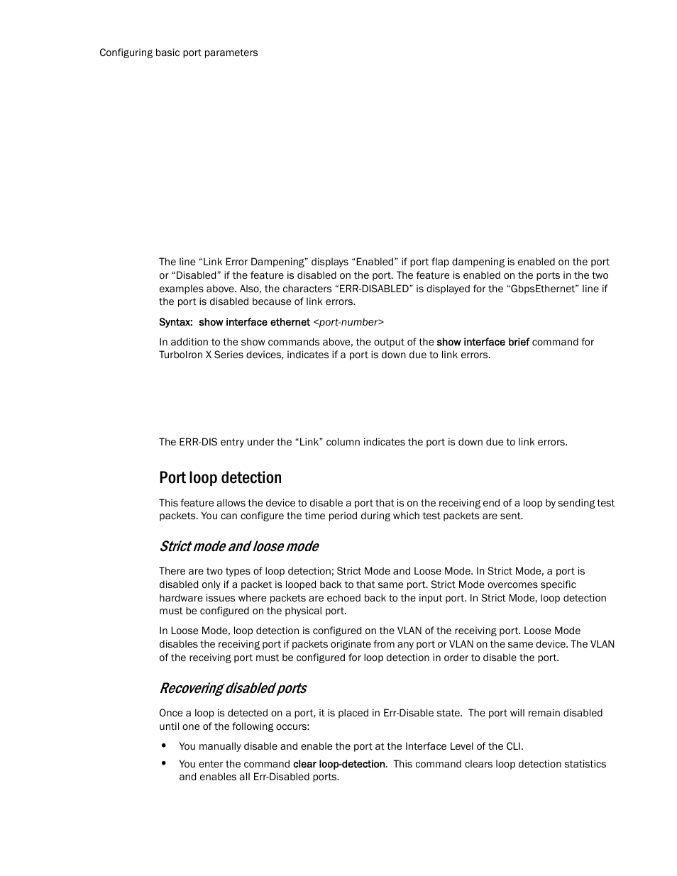 Port loop detection, Strict mode and loose mode, Recovering disabled ports | Brocade TurboIron 24X Series Configuration Guide User Manual | Page 76 / 1116
