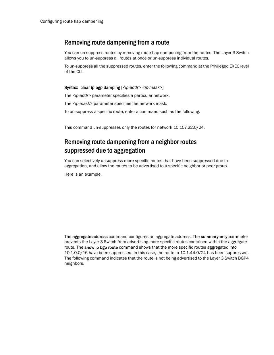 Removing route dampening from a route, Removing route dampening from a, Neighbor routes suppressed due to aggregation | Brocade TurboIron 24X Series Configuration Guide User Manual | Page 760 / 1116