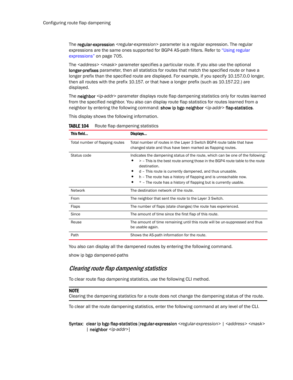 Clearing route flap dampening statistics | Brocade TurboIron 24X Series Configuration Guide User Manual | Page 762 / 1116