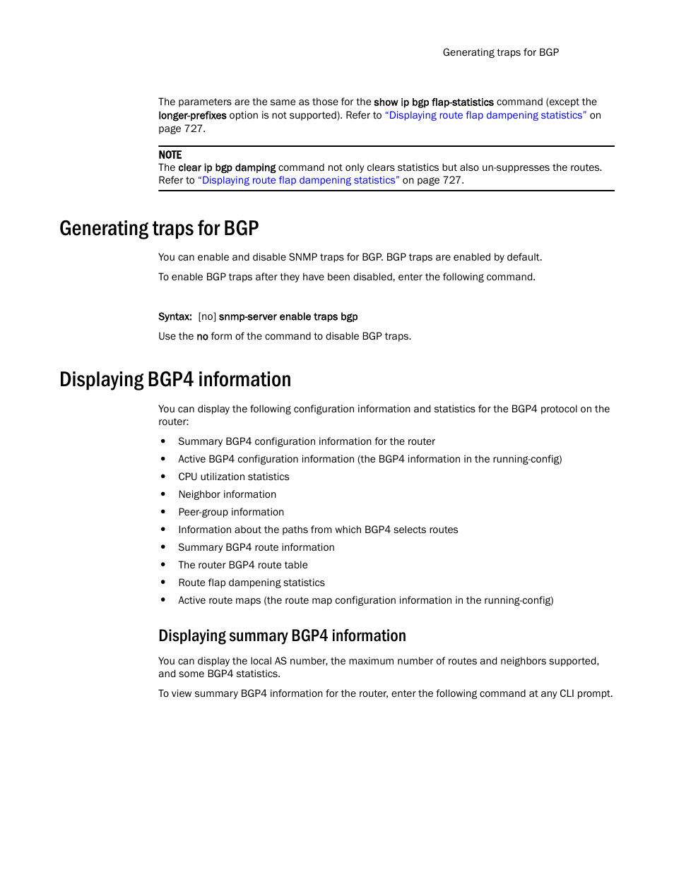 Generating traps for bgp, Displaying bgp4 information, Displaying summary bgp4 information | Brocade TurboIron 24X Series Configuration Guide User Manual | Page 763 / 1116