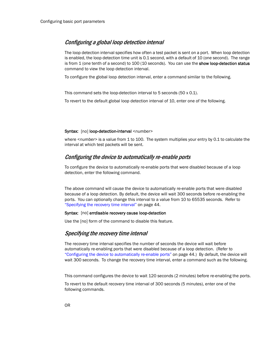 Configuring a global loop detection interval, Specifying the recovery time interval | Brocade TurboIron 24X Series Configuration Guide User Manual | Page 78 / 1116