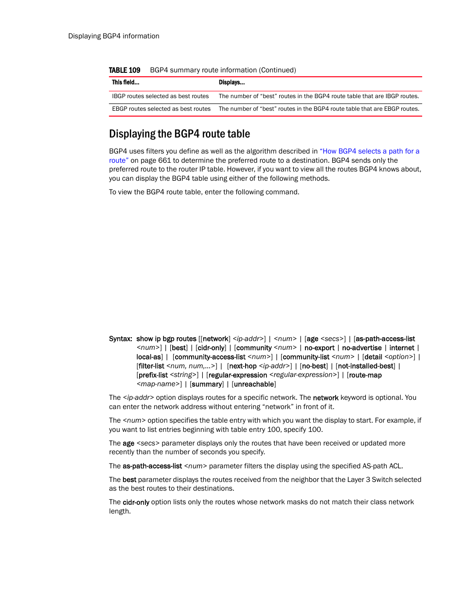 Displaying the bgp4 route table | Brocade TurboIron 24X Series Configuration Guide User Manual | Page 782 / 1116