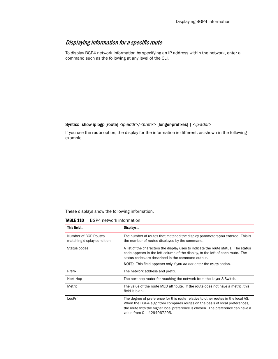 Table 110, Displaying information for a specific route | Brocade TurboIron 24X Series Configuration Guide User Manual | Page 785 / 1116