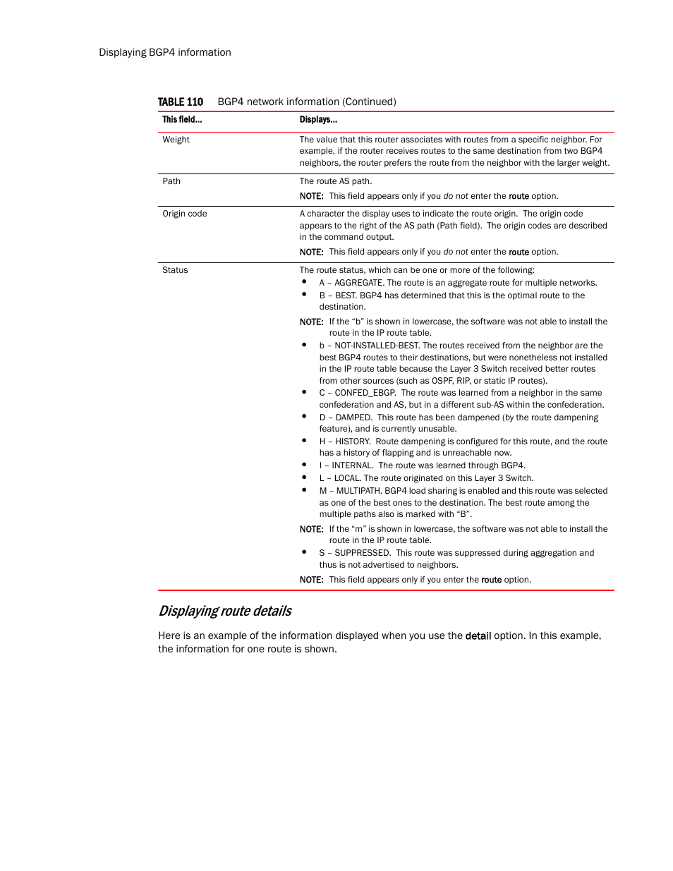 Displaying route details | Brocade TurboIron 24X Series Configuration Guide User Manual | Page 786 / 1116