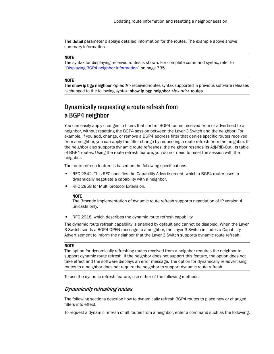 Dynamically refreshing routes | Brocade TurboIron 24X Series Configuration Guide User Manual | Page 795 / 1116