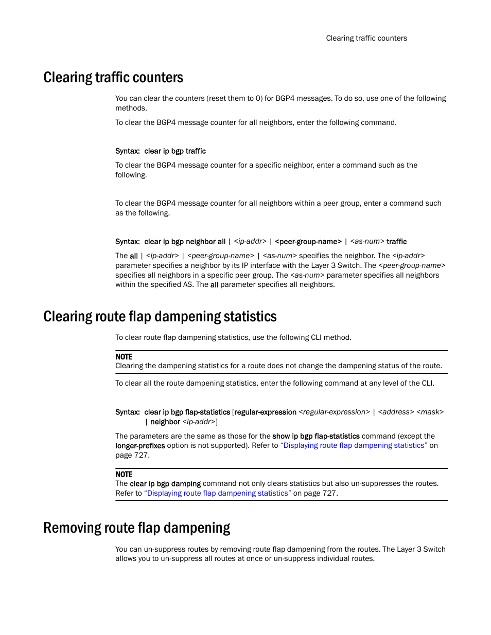 Clearing traffic counters, Clearing route flap dampening statistics, Removing route flap dampening | Brocade TurboIron 24X Series Configuration Guide User Manual | Page 799 / 1116