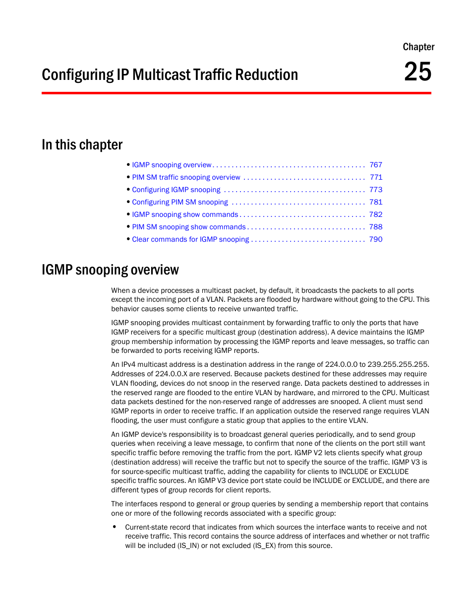 Configuring ip multicast traffic reduction, Igmp snooping overview, Chapter 25 | Brocade TurboIron 24X Series Configuration Guide User Manual | Page 801 / 1116