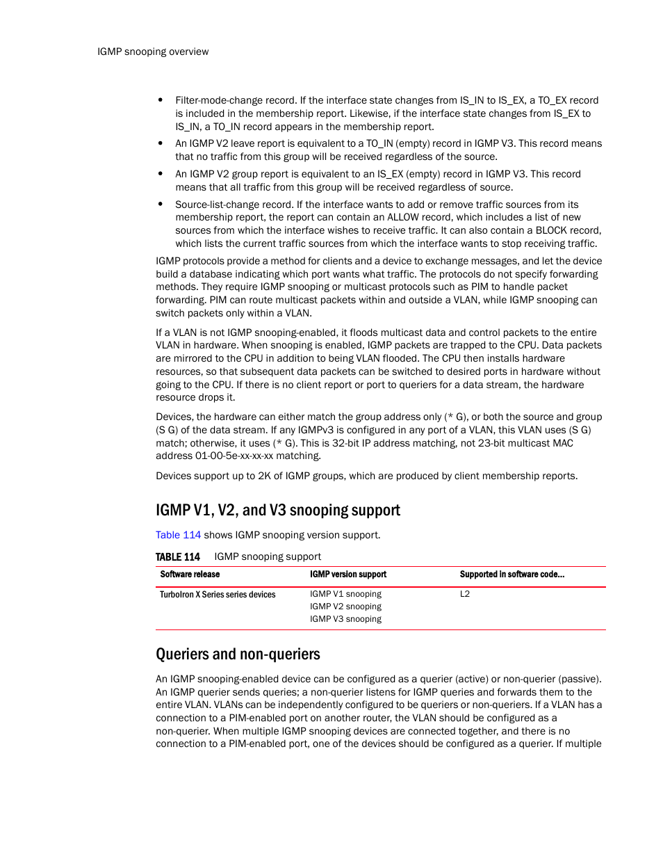 Igmp v1, v2, and v3 snooping support, Queriers and non-queriers | Brocade TurboIron 24X Series Configuration Guide User Manual | Page 802 / 1116