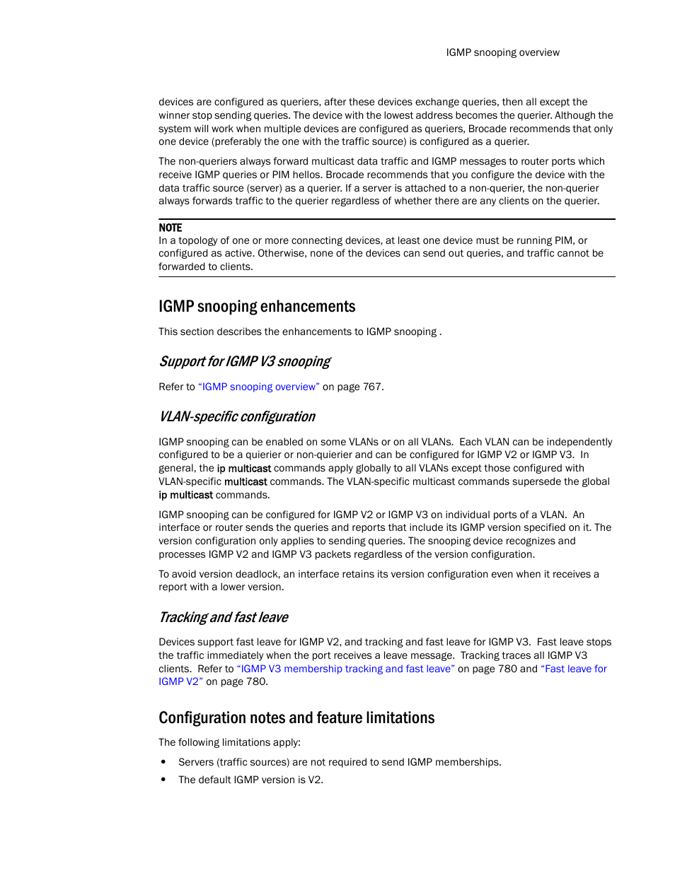 Igmp snooping enhancements, Configuration notes and feature limitations, Support for igmp v3 snooping | Vlan-specific configuration, Tracking and fast leave | Brocade TurboIron 24X Series Configuration Guide User Manual | Page 803 / 1116