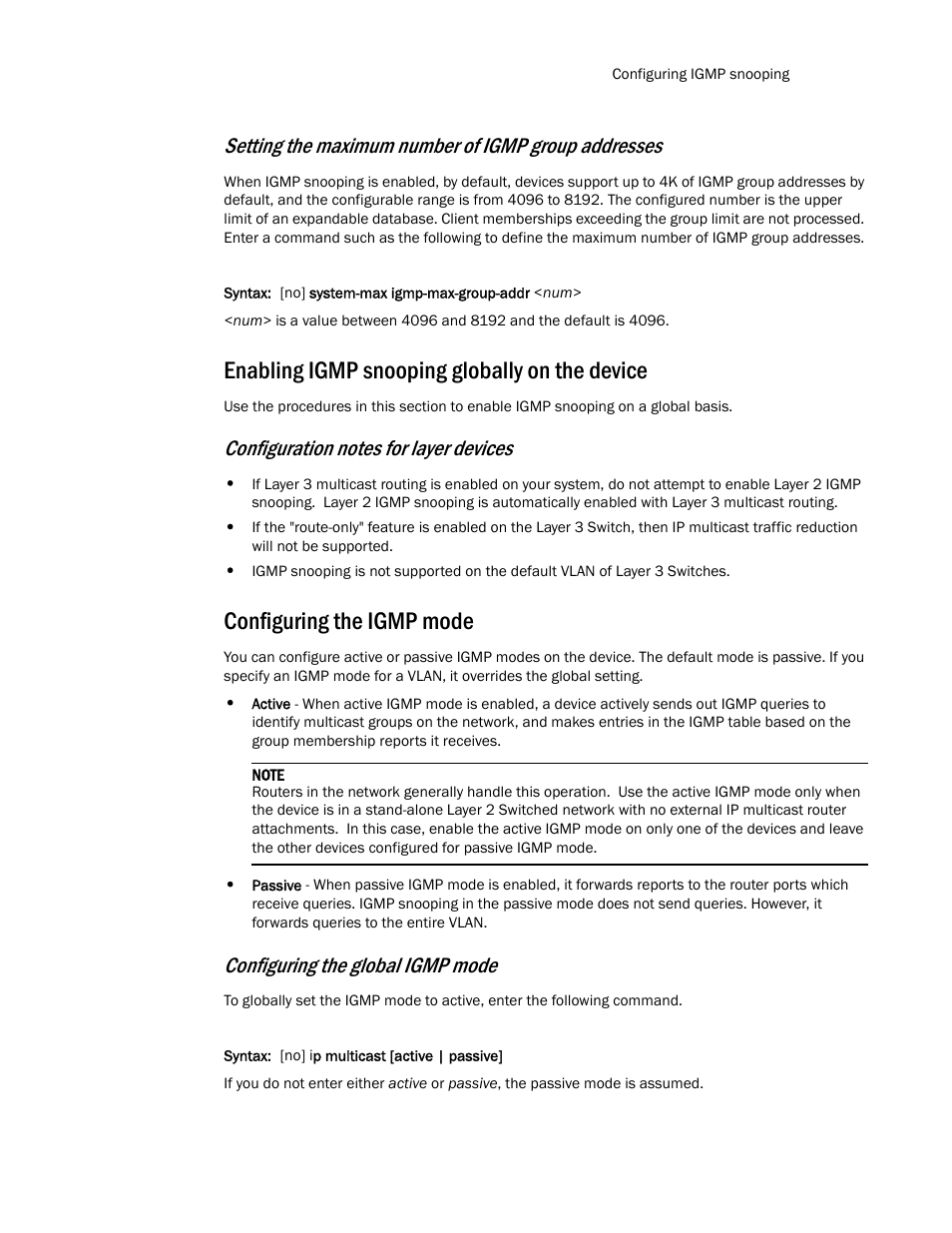 Enabling igmp snooping globally on the device, Configuring the igmp mode, Configuring the global igmp mode | Setting the maximum number of igmp group addresses | Brocade TurboIron 24X Series Configuration Guide User Manual | Page 809 / 1116