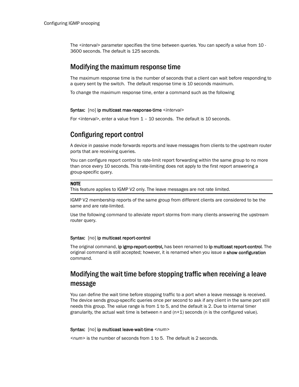 Modifying the maximum response time, Configuring report control | Brocade TurboIron 24X Series Configuration Guide User Manual | Page 812 / 1116