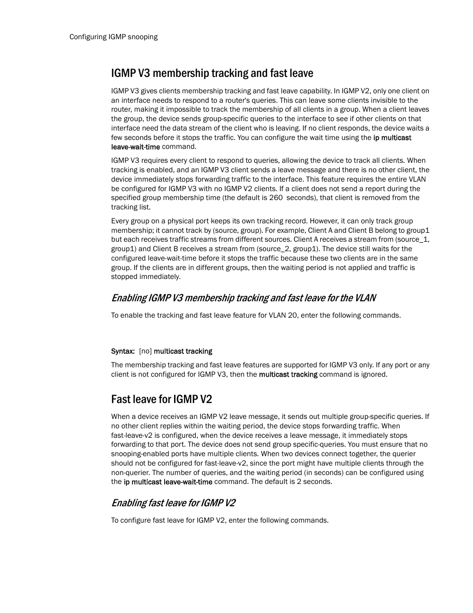 Igmp v3 membership tracking and fast leave, Fast leave for igmp v2, Fast leave for | Igmp v2, Enabling fast leave for igmp v2 | Brocade TurboIron 24X Series Configuration Guide User Manual | Page 814 / 1116