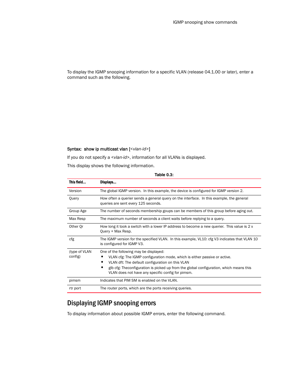 Displaying igmp snooping errors | Brocade TurboIron 24X Series Configuration Guide User Manual | Page 817 / 1116