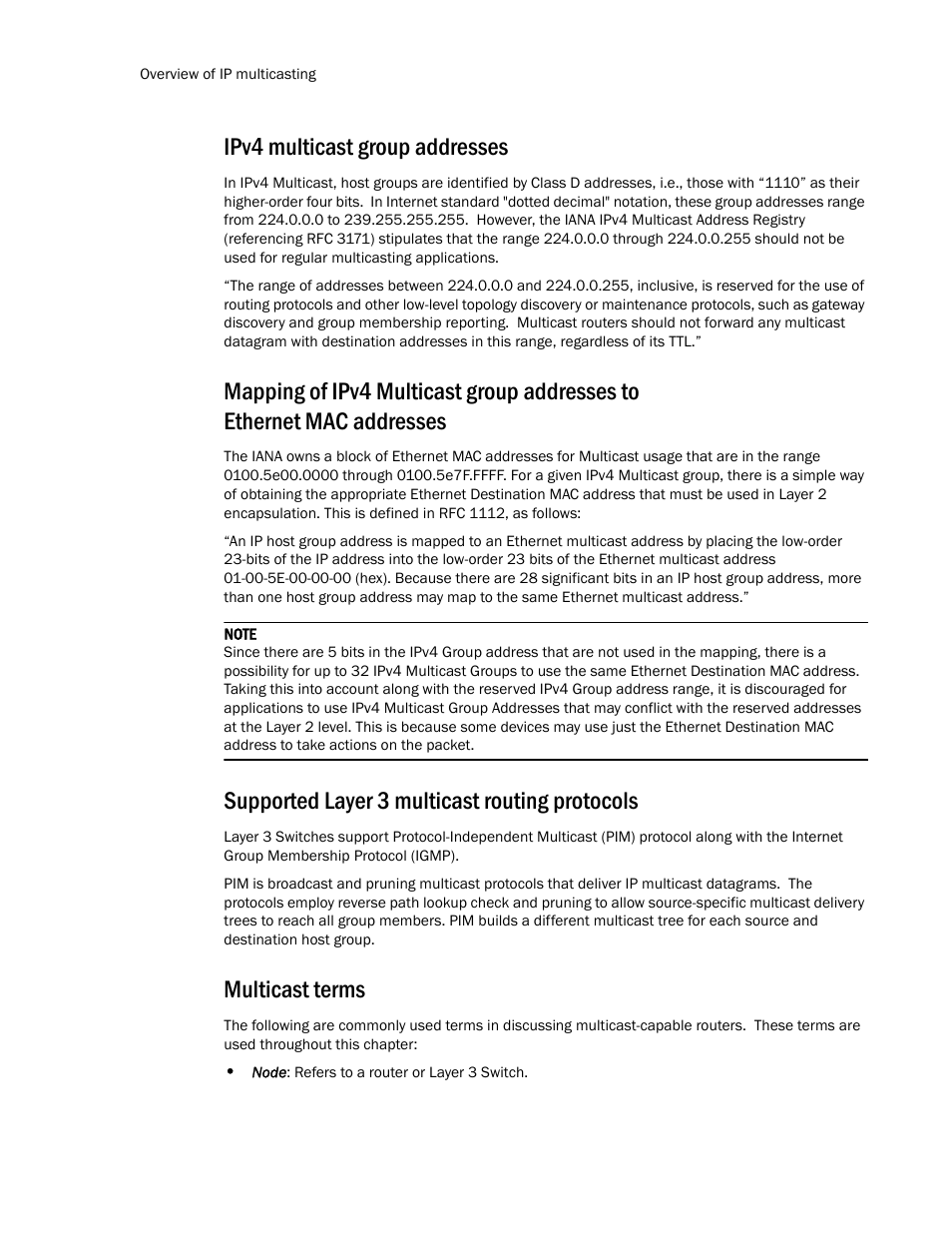 Ipv4 multicast group addresses, Supported layer 3 multicast routing protocols, Multicast terms | Brocade TurboIron 24X Series Configuration Guide User Manual | Page 828 / 1116
