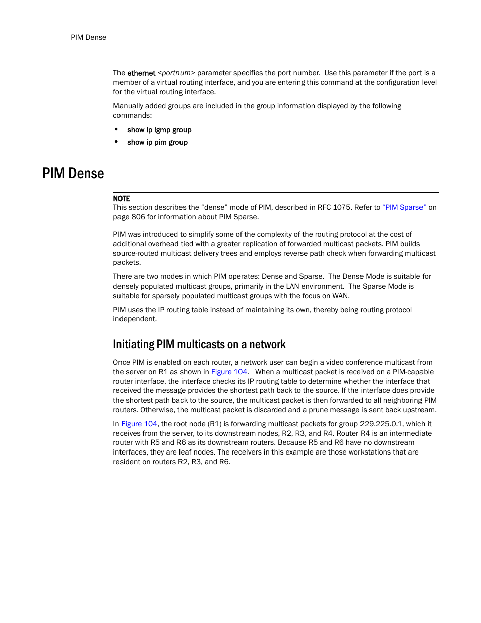 Pim dense, Initiating pim multicasts on a network | Brocade TurboIron 24X Series Configuration Guide User Manual | Page 832 / 1116