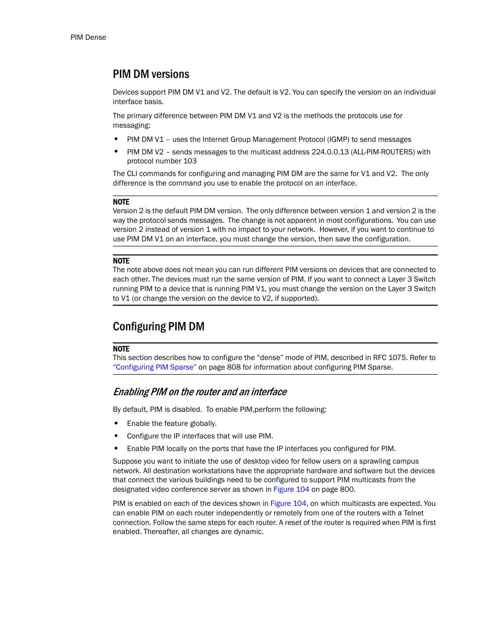 Pim dm versions, Configuring pim dm, Enabling pim on the router and an interface | Brocade TurboIron 24X Series Configuration Guide User Manual | Page 836 / 1116