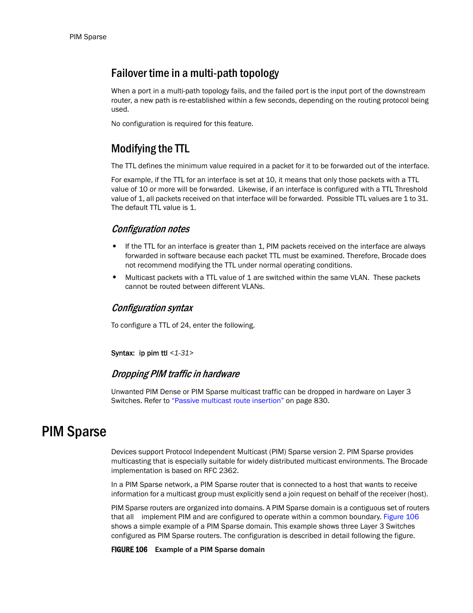 Failover time in a multi-path topology, Modifying the ttl, Pim sparse | Configuration syntax, Dropping pim traffic in hardware | Brocade TurboIron 24X Series Configuration Guide User Manual | Page 840 / 1116