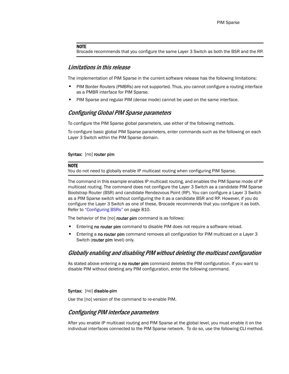 Limitations in this release, Configuring global pim sparse parameters, Configuring pim interface parameters | Brocade TurboIron 24X Series Configuration Guide User Manual | Page 843 / 1116
