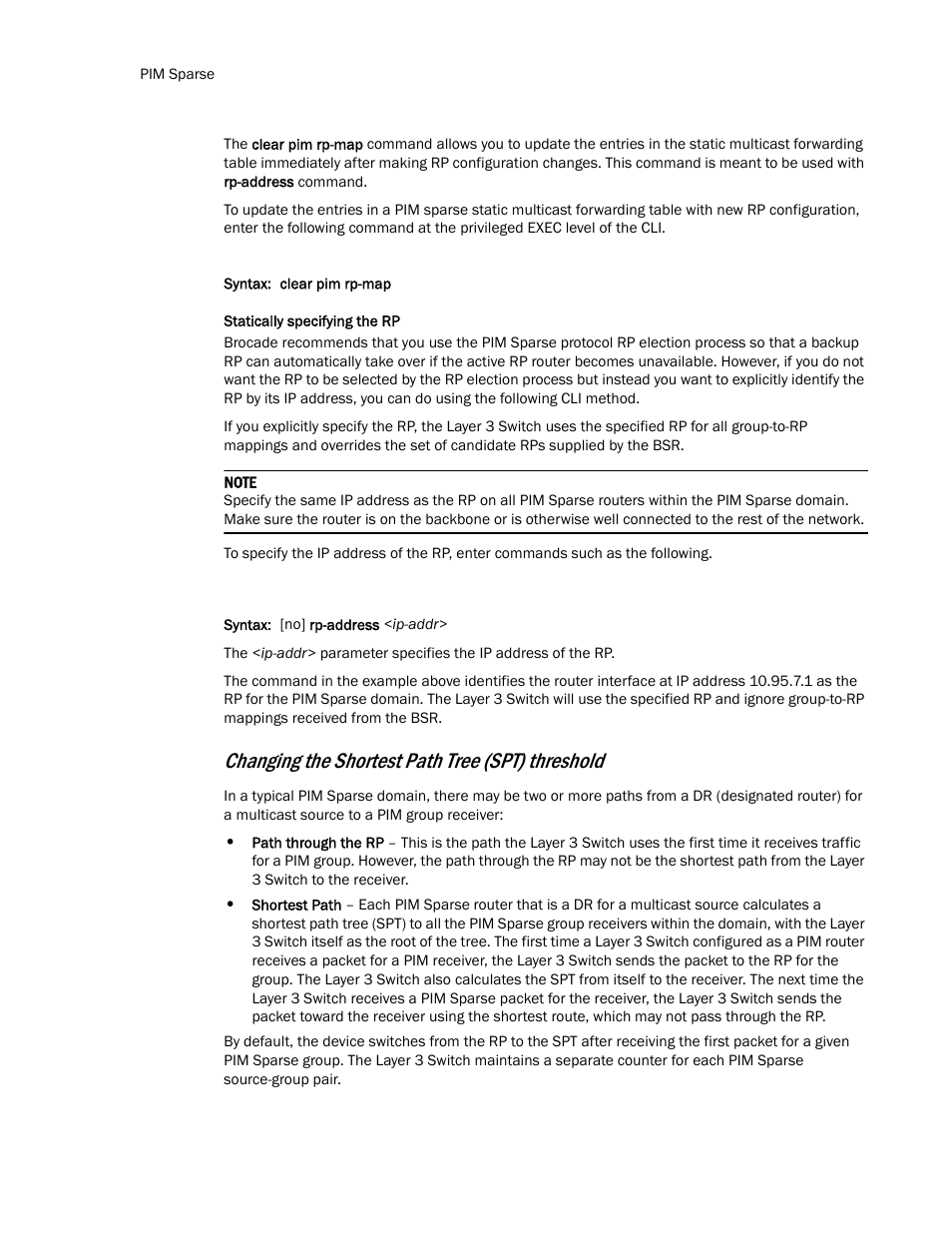 Changing the shortest path tree (spt) threshold | Brocade TurboIron 24X Series Configuration Guide User Manual | Page 846 / 1116