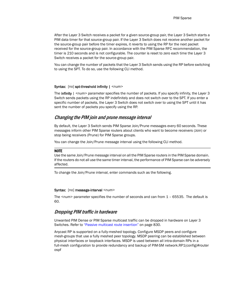 Changing the pim join and prune message interval, Dropping pim traffic in hardware | Brocade TurboIron 24X Series Configuration Guide User Manual | Page 847 / 1116