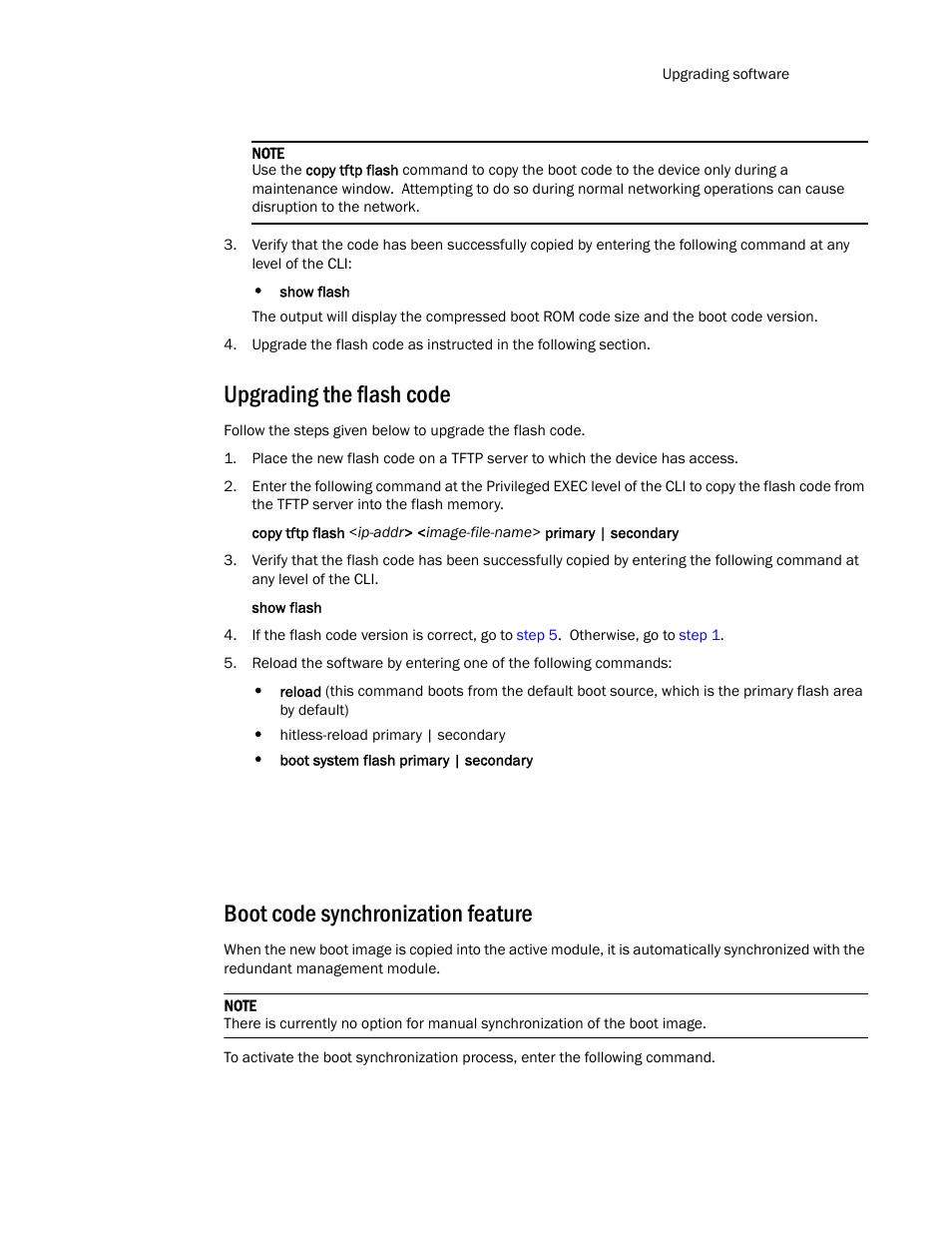 Upgrading the flash code, Boot code synchronization feature | Brocade TurboIron 24X Series Configuration Guide User Manual | Page 85 / 1116