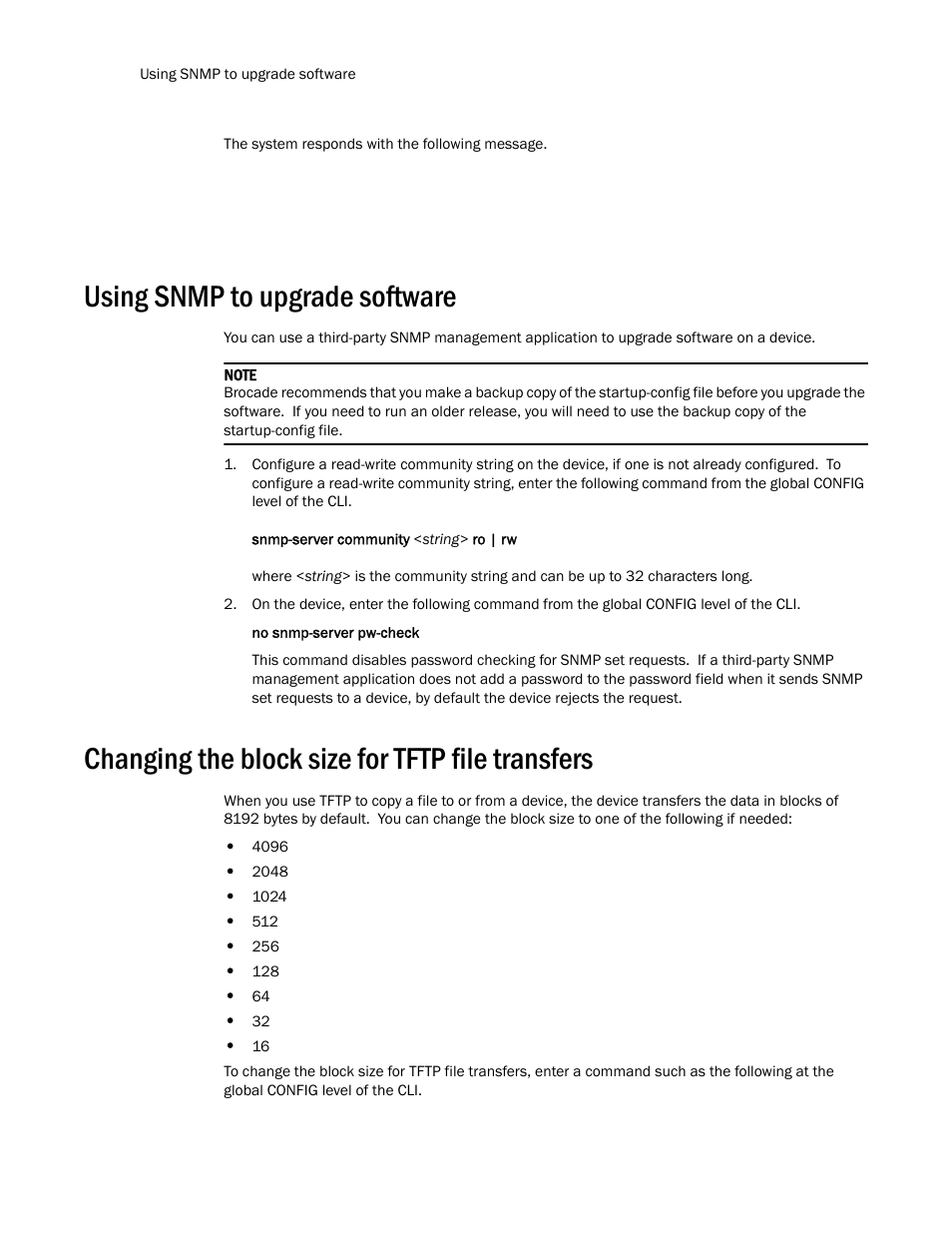 Using snmp to upgrade software, Changing the block size for tftp file transfers | Brocade TurboIron 24X Series Configuration Guide User Manual | Page 86 / 1116