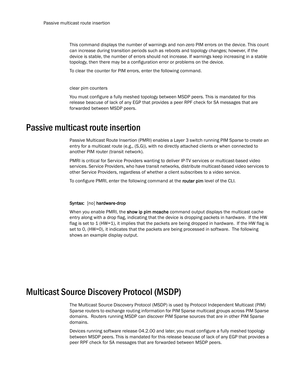 Passive multicast route insertion, Multicast source discovery protocol (msdp) | Brocade TurboIron 24X Series Configuration Guide User Manual | Page 864 / 1116