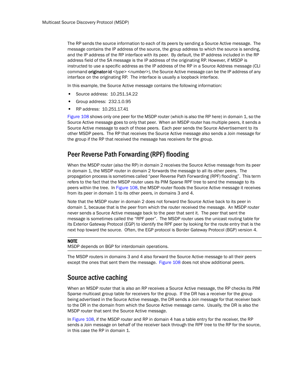 Peer reverse path forwarding (rpf) flooding, Source active caching | Brocade TurboIron 24X Series Configuration Guide User Manual | Page 866 / 1116