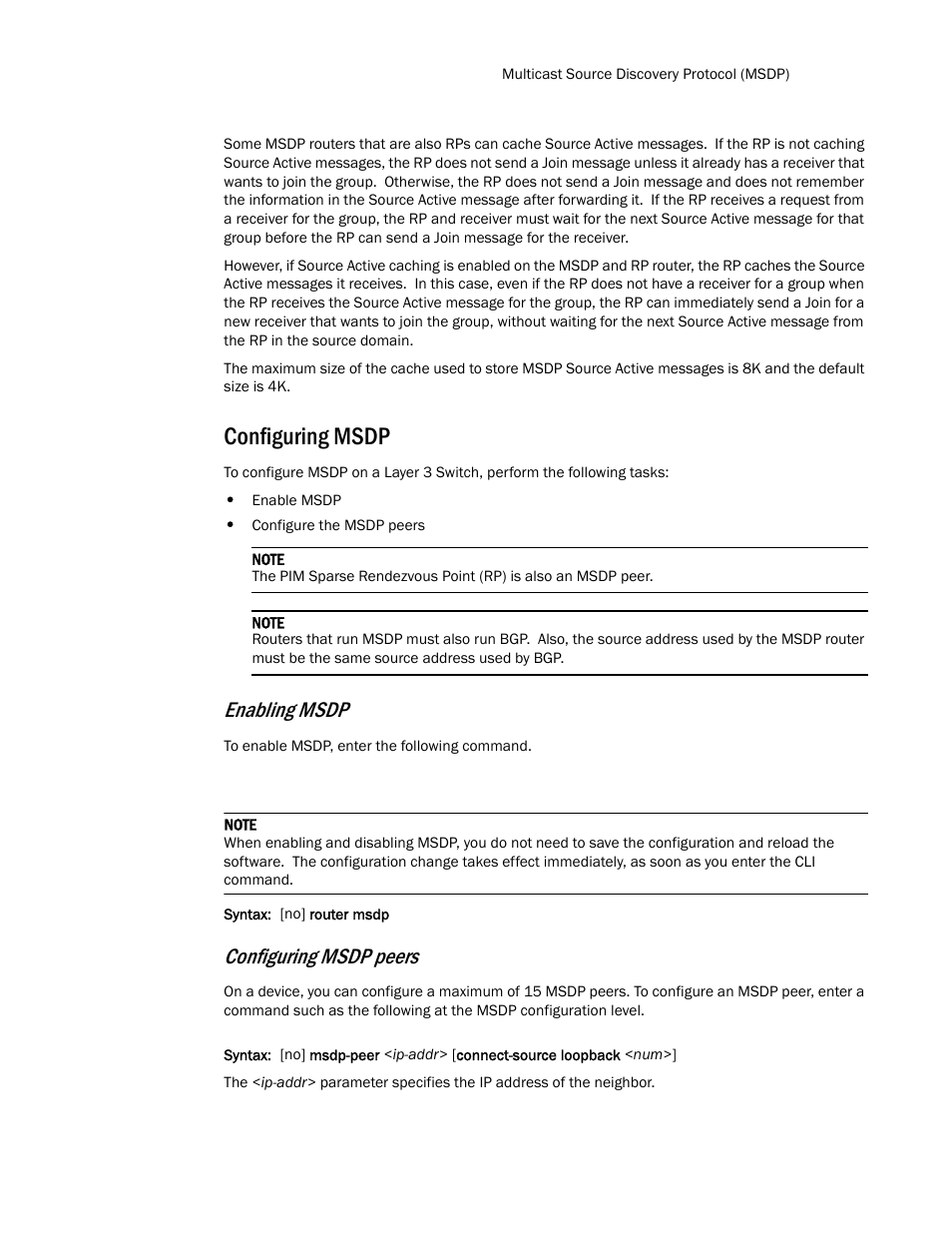 Configuring msdp, Enabling msdp, Configuring msdp peers | Brocade TurboIron 24X Series Configuration Guide User Manual | Page 867 / 1116