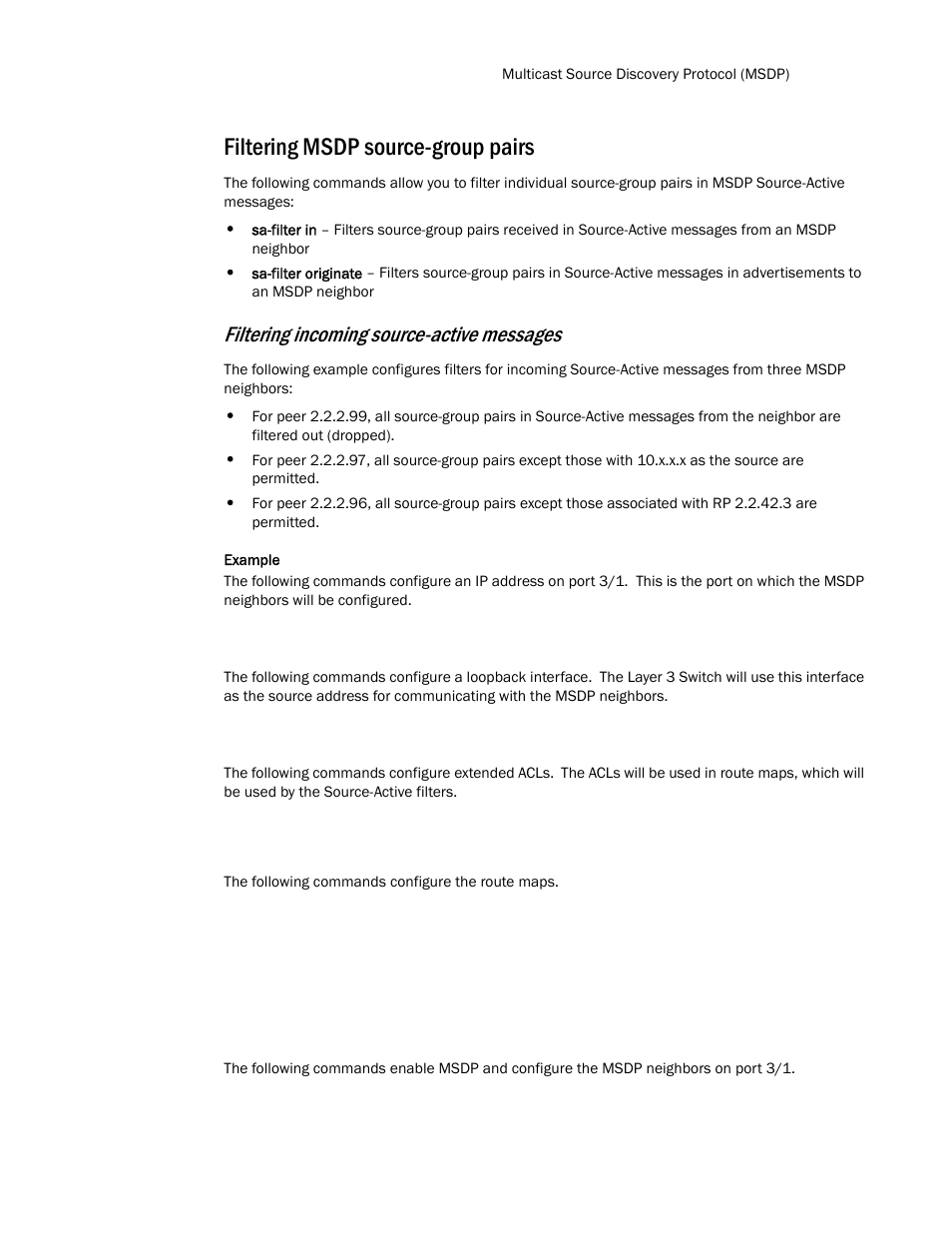 Filtering msdp source-group pairs, Filtering incoming source-active messages | Brocade TurboIron 24X Series Configuration Guide User Manual | Page 869 / 1116