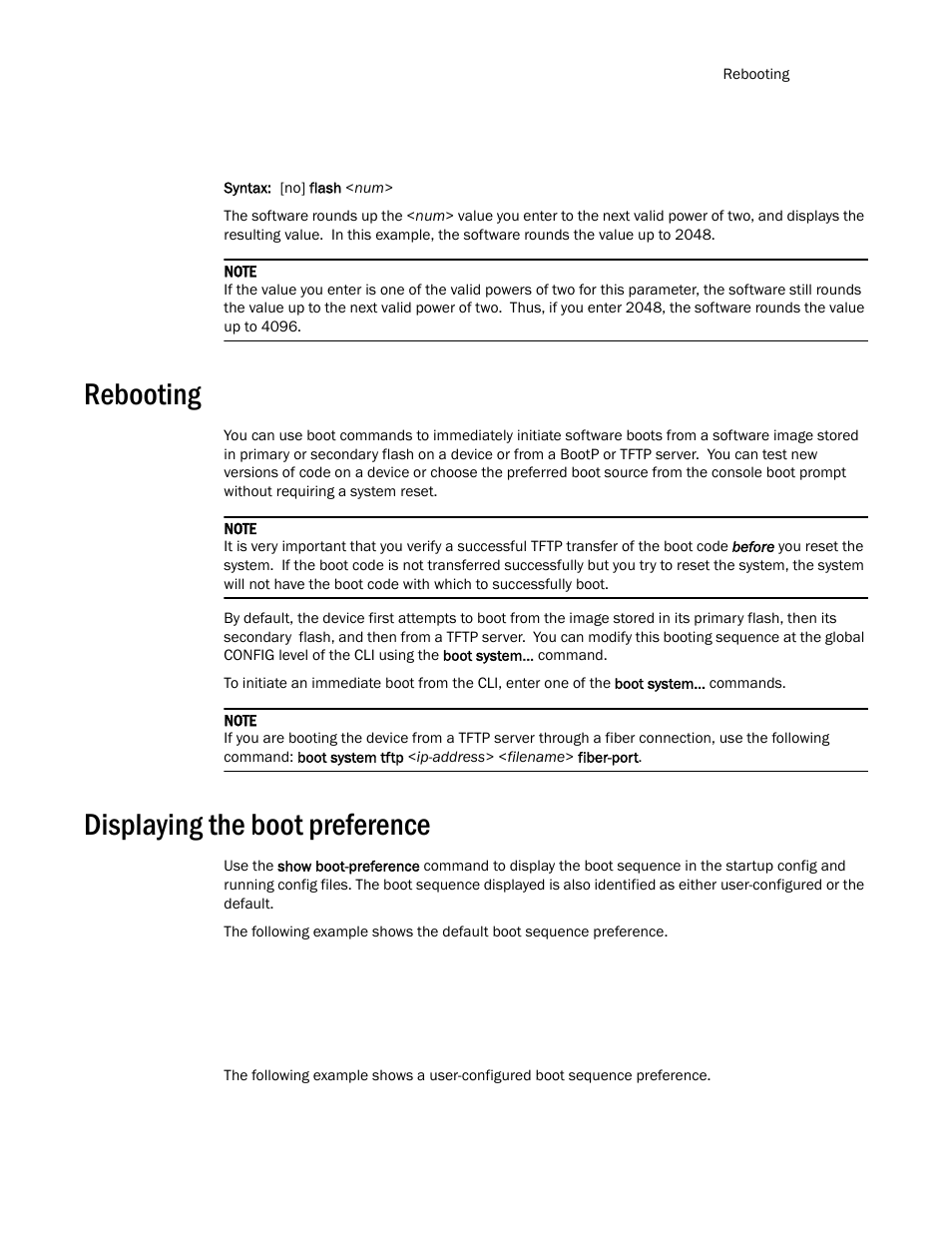 Rebooting, Displaying the boot preference | Brocade TurboIron 24X Series Configuration Guide User Manual | Page 87 / 1116