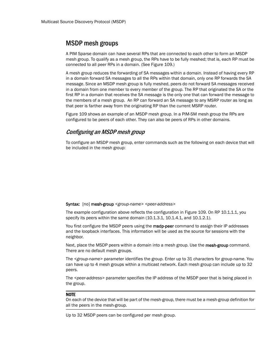 Msdp mesh groups, Configuring an msdp mesh group | Brocade TurboIron 24X Series Configuration Guide User Manual | Page 872 / 1116