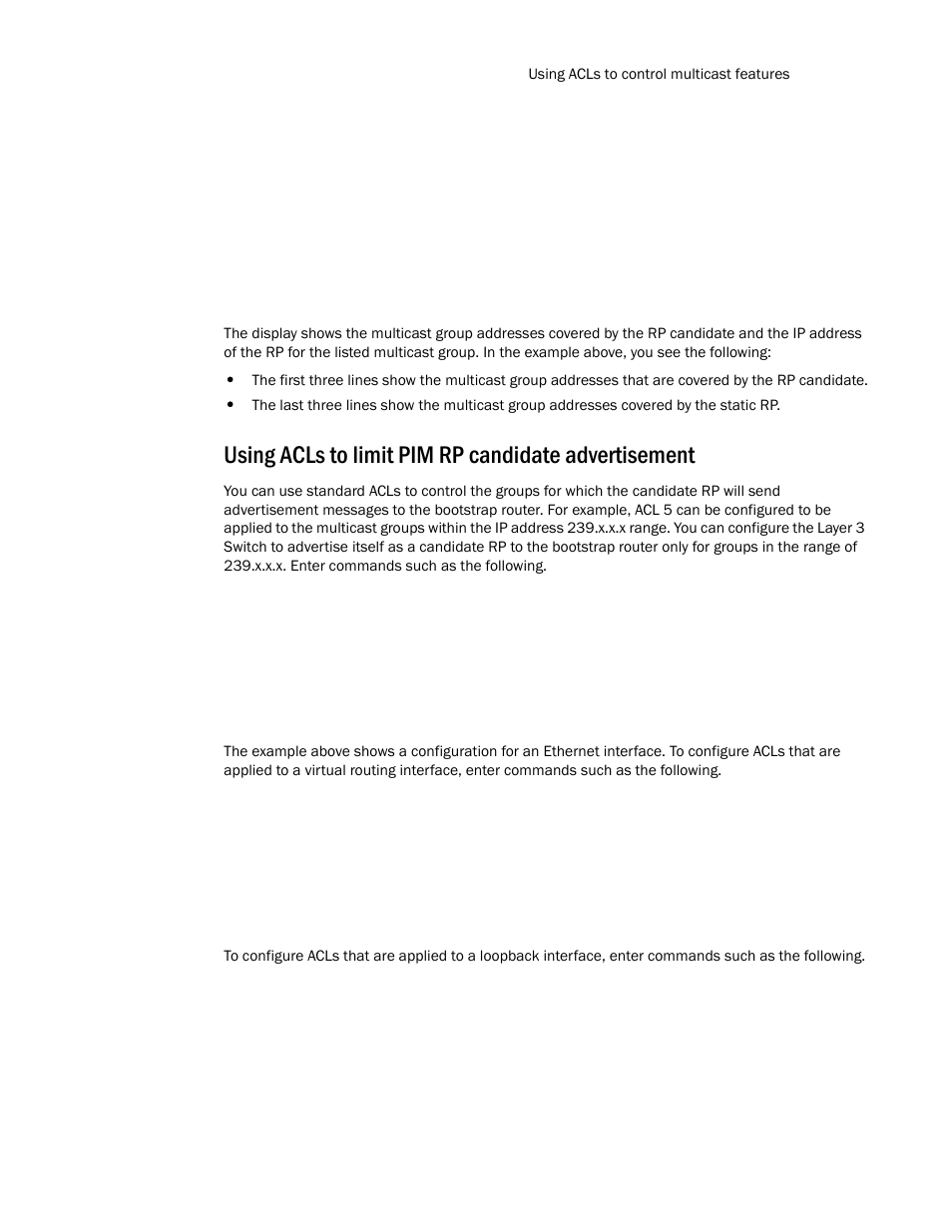 Using acls to limit pim rp candidate advertisement | Brocade TurboIron 24X Series Configuration Guide User Manual | Page 885 / 1116