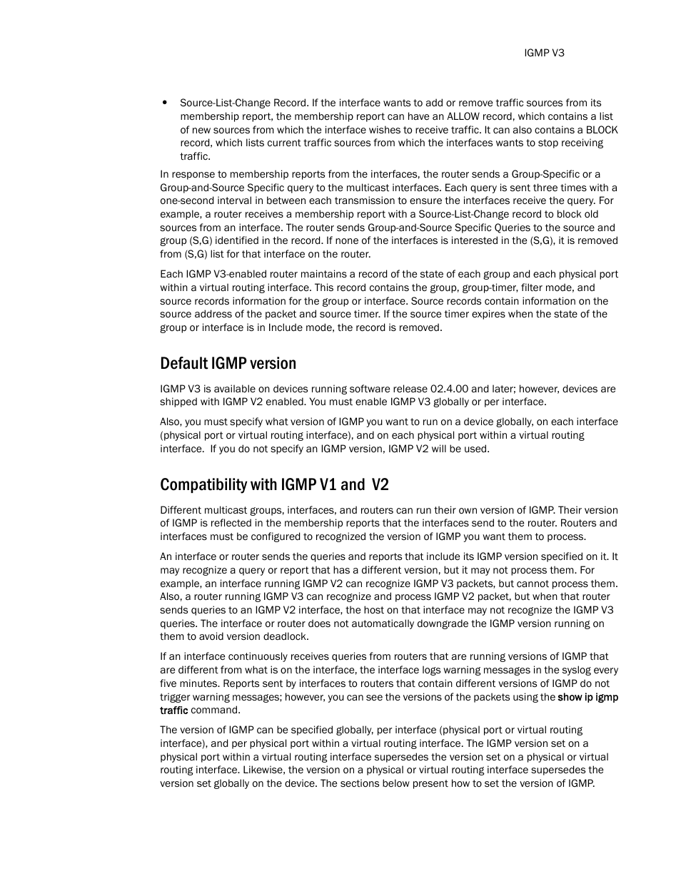 Default igmp version, Compatibility with igmp v1 and v2 | Brocade TurboIron 24X Series Configuration Guide User Manual | Page 889 / 1116