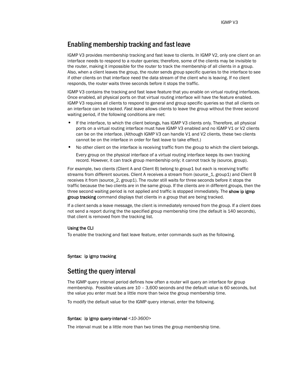 Enabling membership tracking and fast leave, Setting the query interval | Brocade TurboIron 24X Series Configuration Guide User Manual | Page 891 / 1116