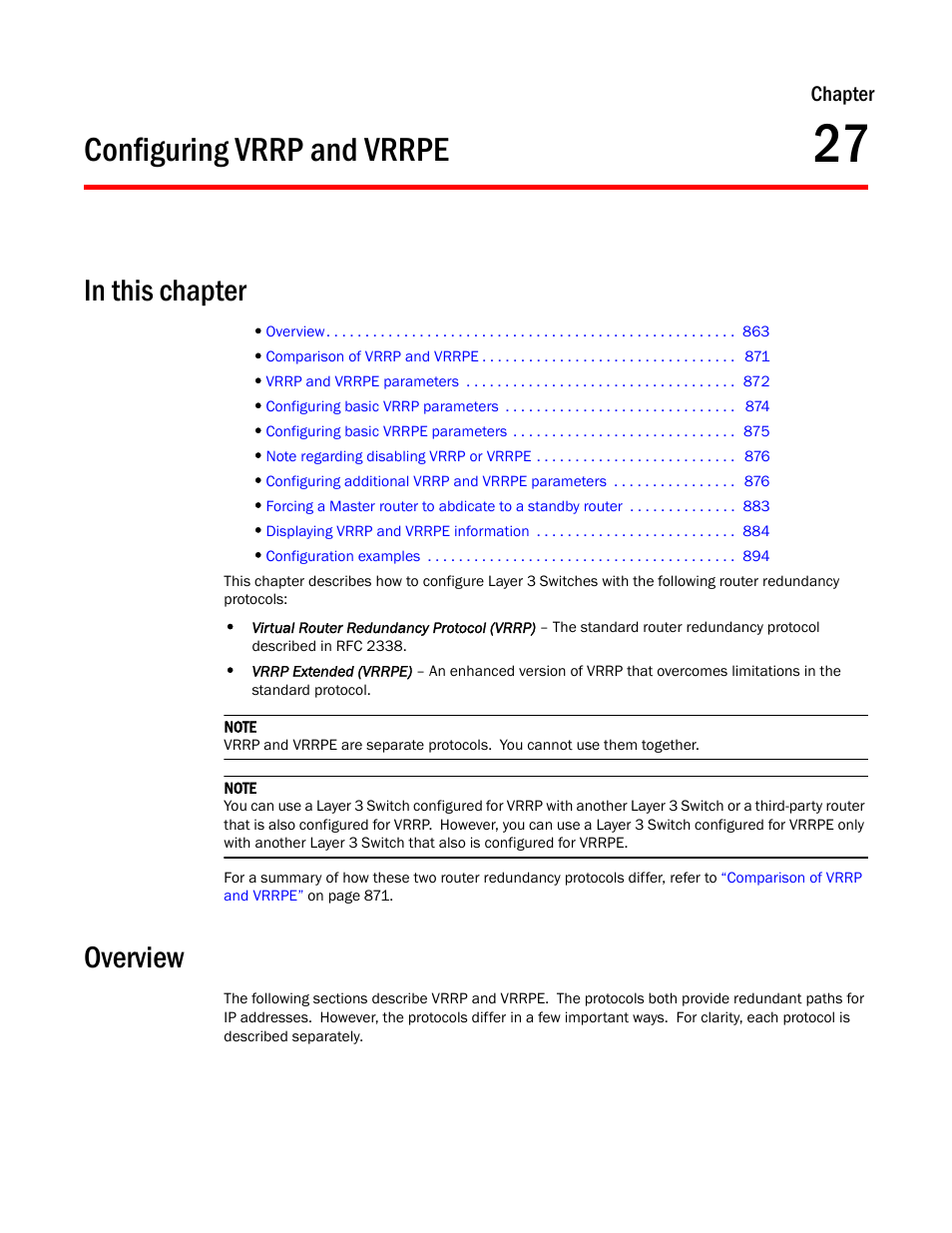 Configuring vrrp and vrrpe, Overview, Chapter 27 | Chapter, 27, “configuring vrrp and vrrpe, Chapter 27, “configuring, Vrrp and vrrpe, Chapter 27, “configuring vrrp and, Vrrpe | Brocade TurboIron 24X Series Configuration Guide User Manual | Page 897 / 1116