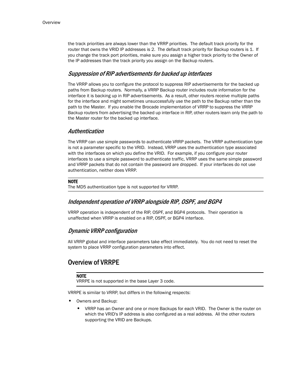 Overview of vrrpe, Authentication, Dynamic vrrp configuration | Brocade TurboIron 24X Series Configuration Guide User Manual | Page 902 / 1116