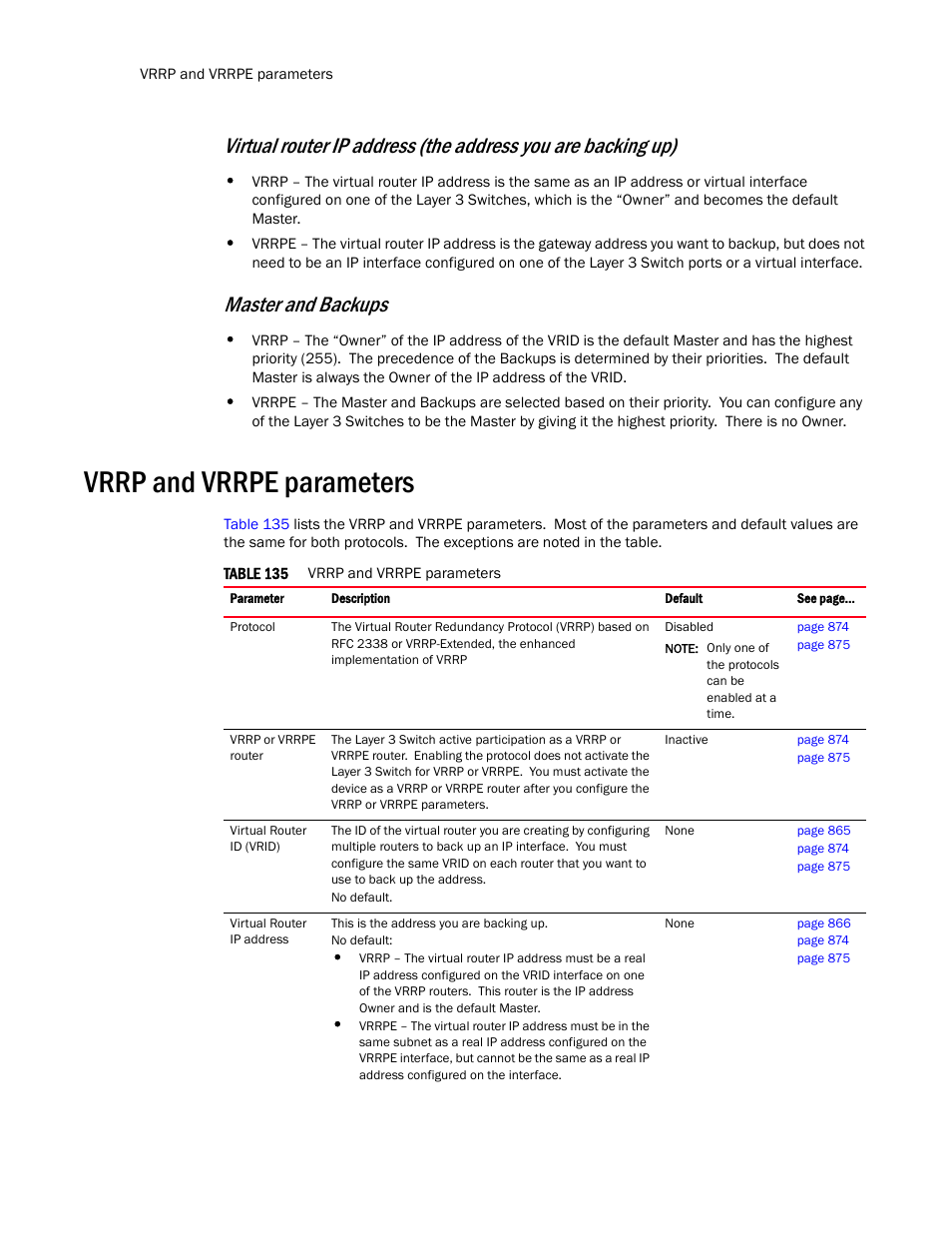 Vrrp and vrrpe parameters, Master and backups | Brocade TurboIron 24X Series Configuration Guide User Manual | Page 906 / 1116