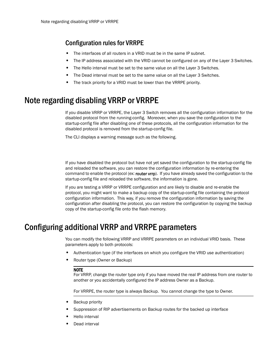 Configuration rules for vrrpe, Note regarding disabling vrrp or vrrpe, Configuring additional vrrp and vrrpe parameters | Brocade TurboIron 24X Series Configuration Guide User Manual | Page 910 / 1116