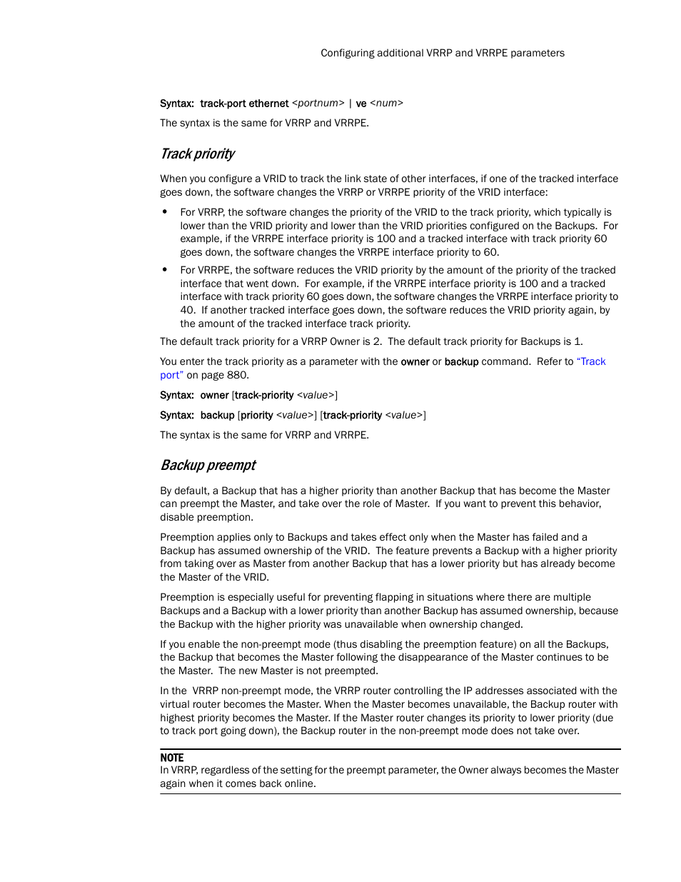 Backup preempt, Track priority | Brocade TurboIron 24X Series Configuration Guide User Manual | Page 915 / 1116