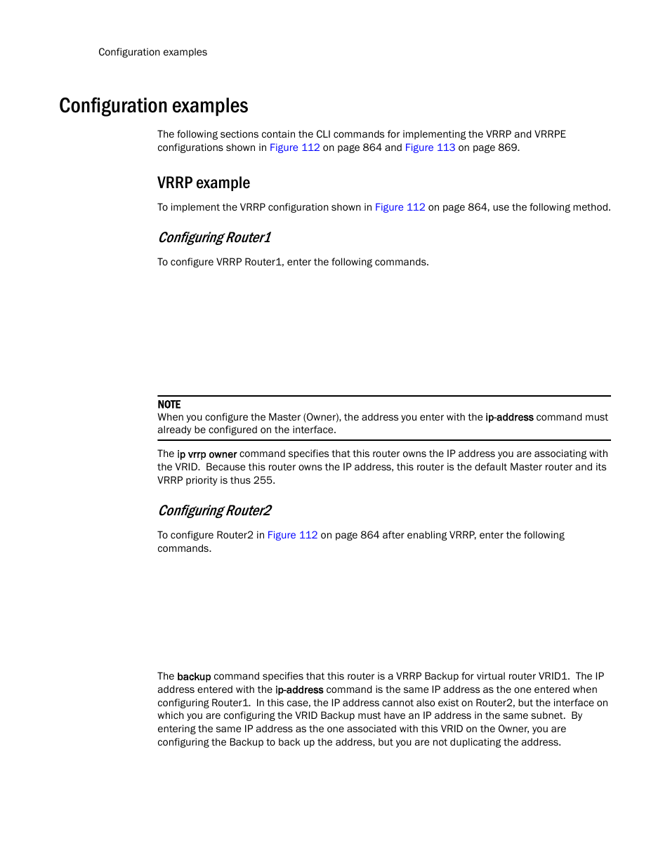 Configuration examples, Vrrp example, Configuring router1 | Configuring router2 | Brocade TurboIron 24X Series Configuration Guide User Manual | Page 928 / 1116