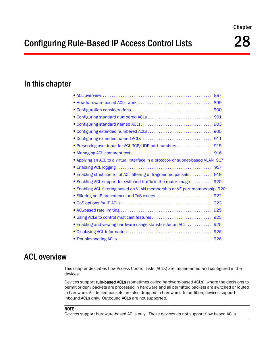 Configuring rule-based ip access control lists, Acl overview, Chapter 28 | Overview | Brocade TurboIron 24X Series Configuration Guide User Manual | Page 931 / 1116