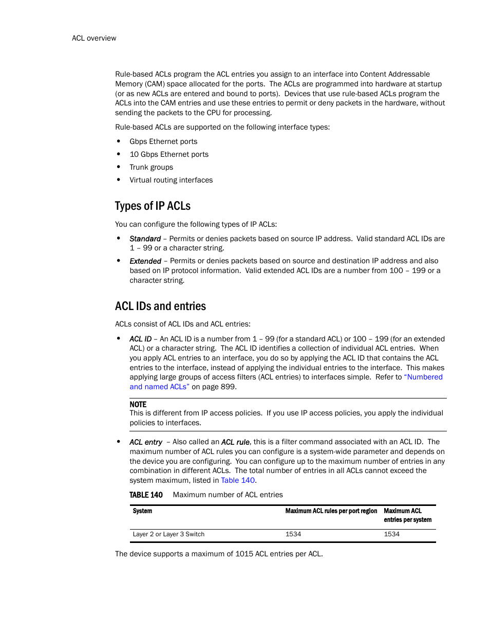 Types of ip acls, Acl ids and entries | Brocade TurboIron 24X Series Configuration Guide User Manual | Page 932 / 1116