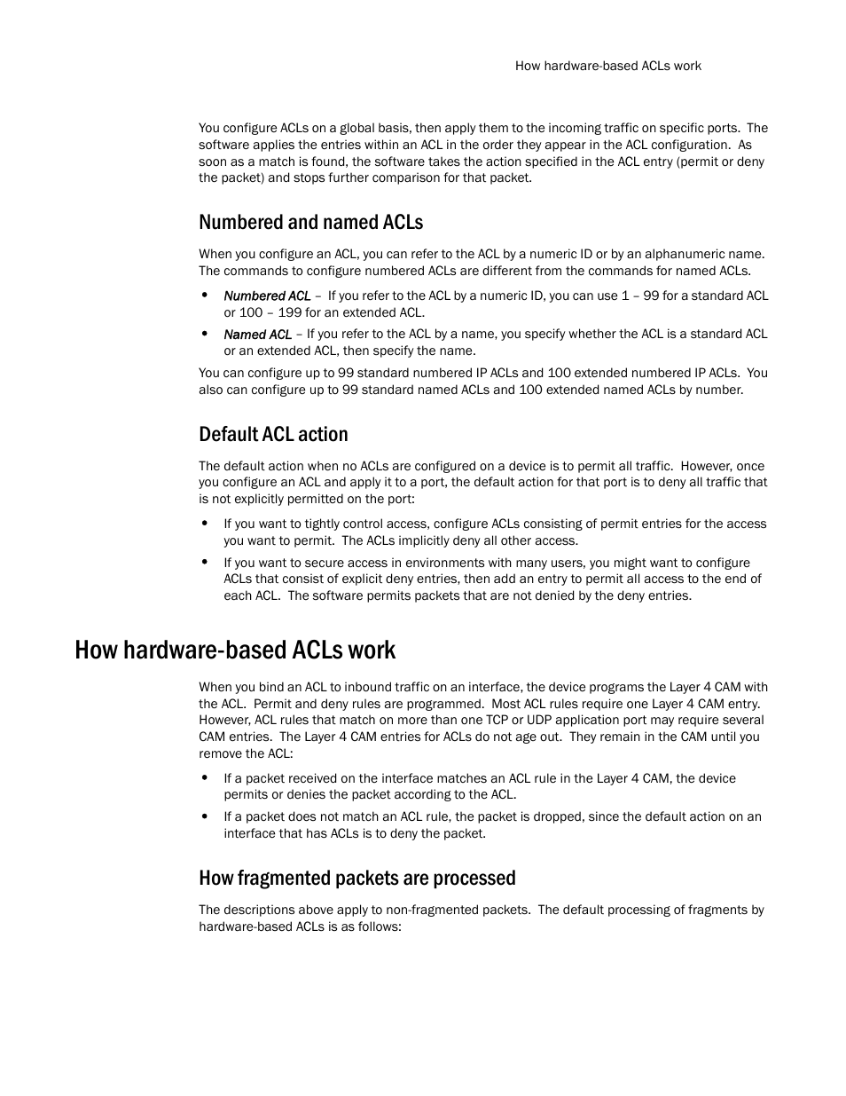Numbered and named acls, Default acl action, How hardware-based acls work | How fragmented packets are processed, Numbered, And named acls | Brocade TurboIron 24X Series Configuration Guide User Manual | Page 933 / 1116