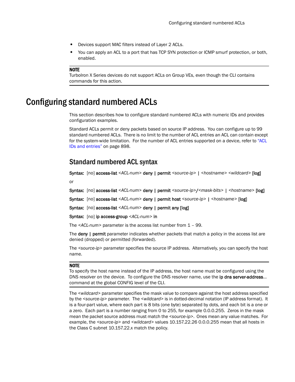 Configuring standard numbered acls, Standard numbered acl syntax | Brocade TurboIron 24X Series Configuration Guide User Manual | Page 935 / 1116