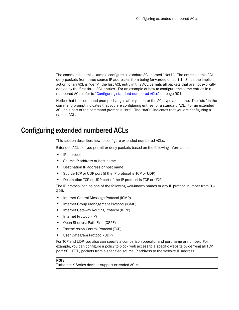 Configuring extended numbered acls | Brocade TurboIron 24X Series Configuration Guide User Manual | Page 939 / 1116