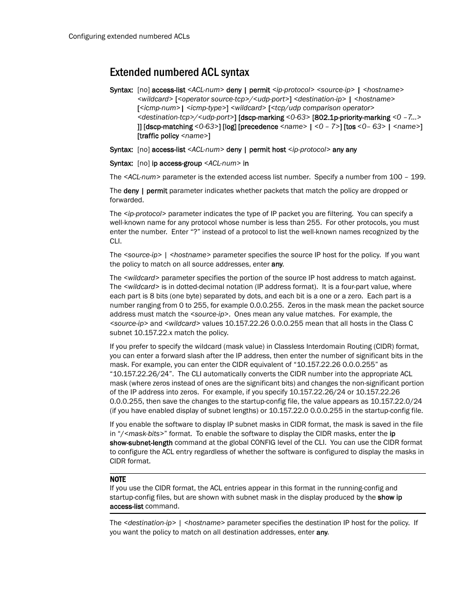 Extended numbered acl syntax | Brocade TurboIron 24X Series Configuration Guide User Manual | Page 940 / 1116